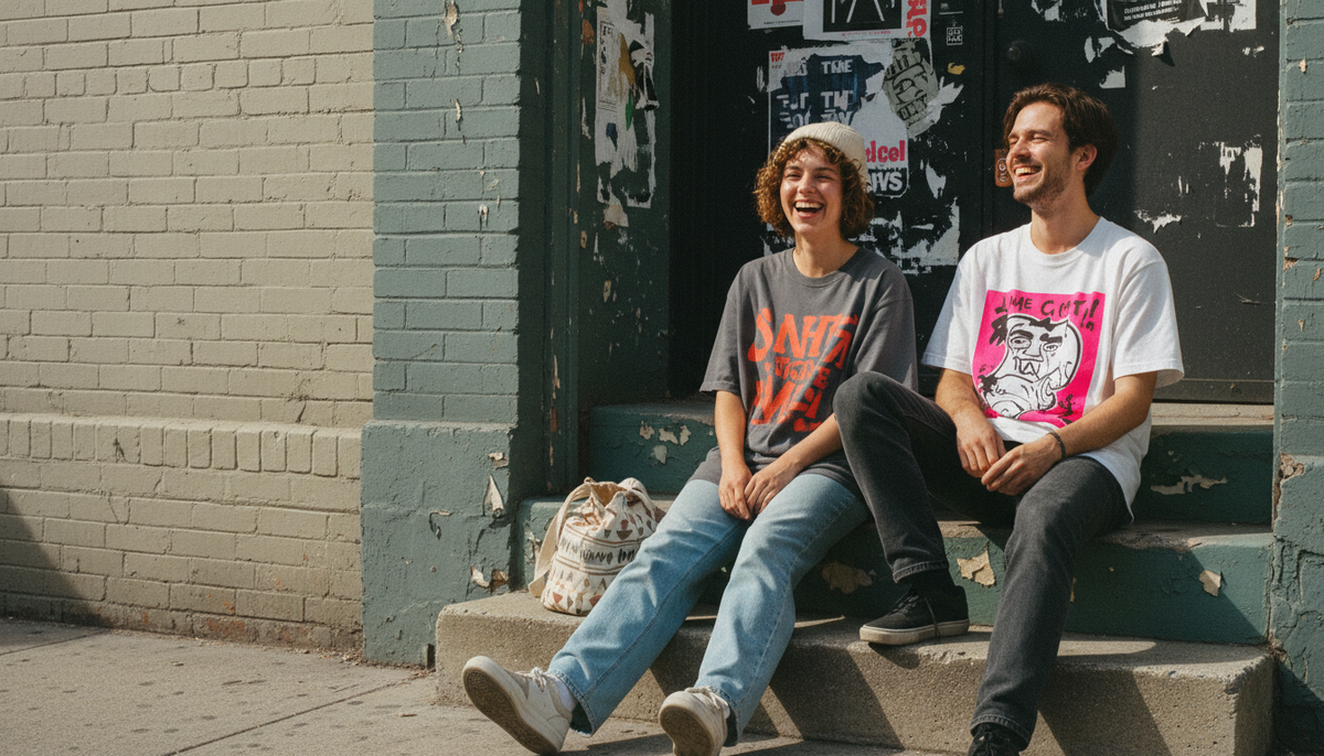 Two friends laughing on a Melbourne street wearing oversized 230GSM graphic tees from THEPRESSROOM