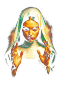 Religious graphic on the back of a black oversized tee