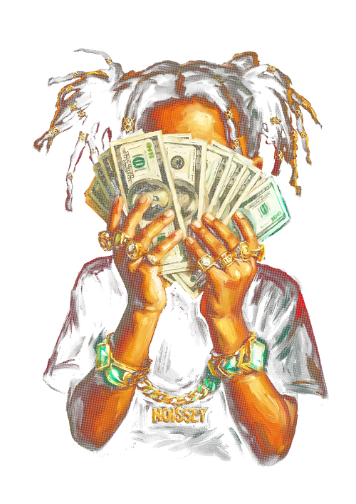 Cards and fortune graphic on the back of a black oversized tee