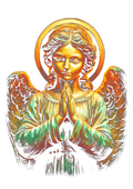 Praying angel graphic printed on the back of a black oversized tee