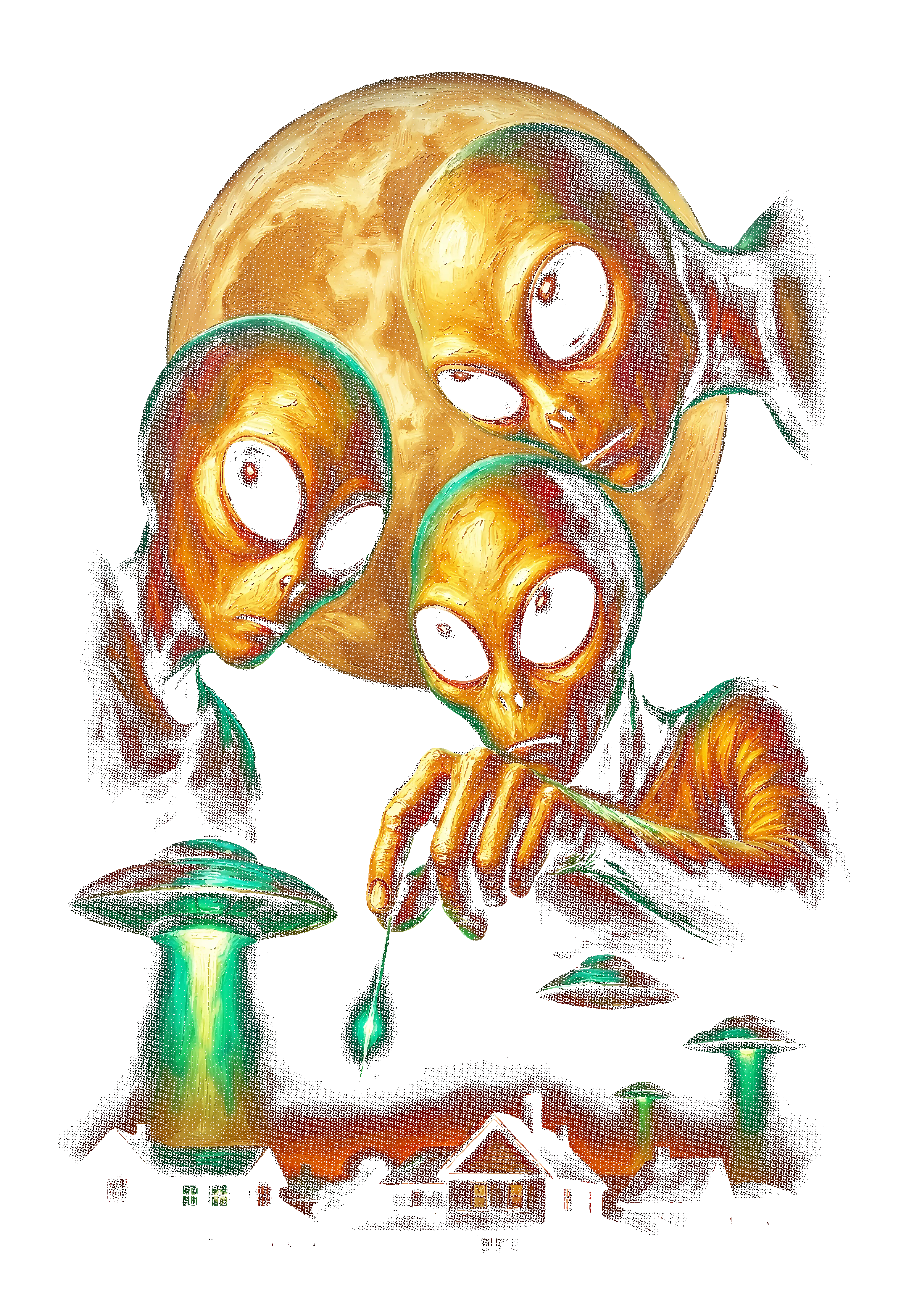 Space and alien graphic on the back of a black oversized tee