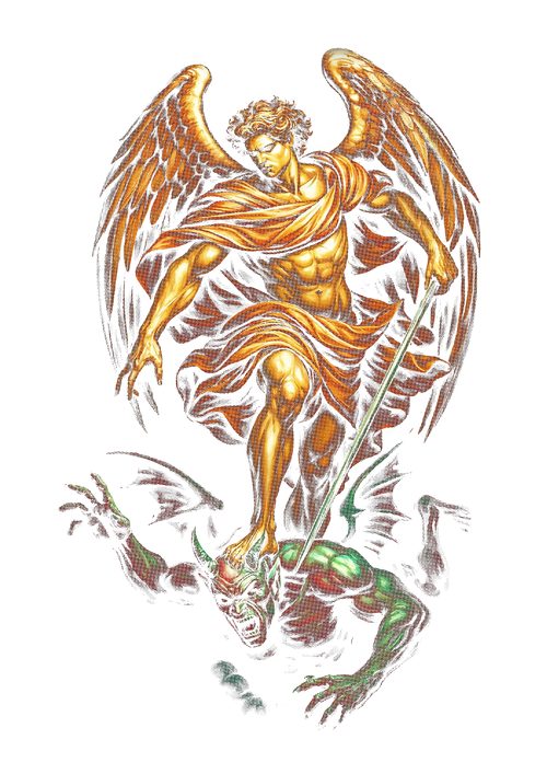 Archangel religious graphic printed on the back of a black oversized T-shirt