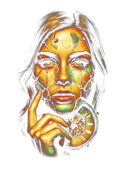 Cracked Time surreal portrait graphic printed on the back of a black oversized T-shirt