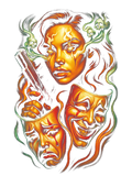 Surreal portrait graphic on the back of a black oversized tee