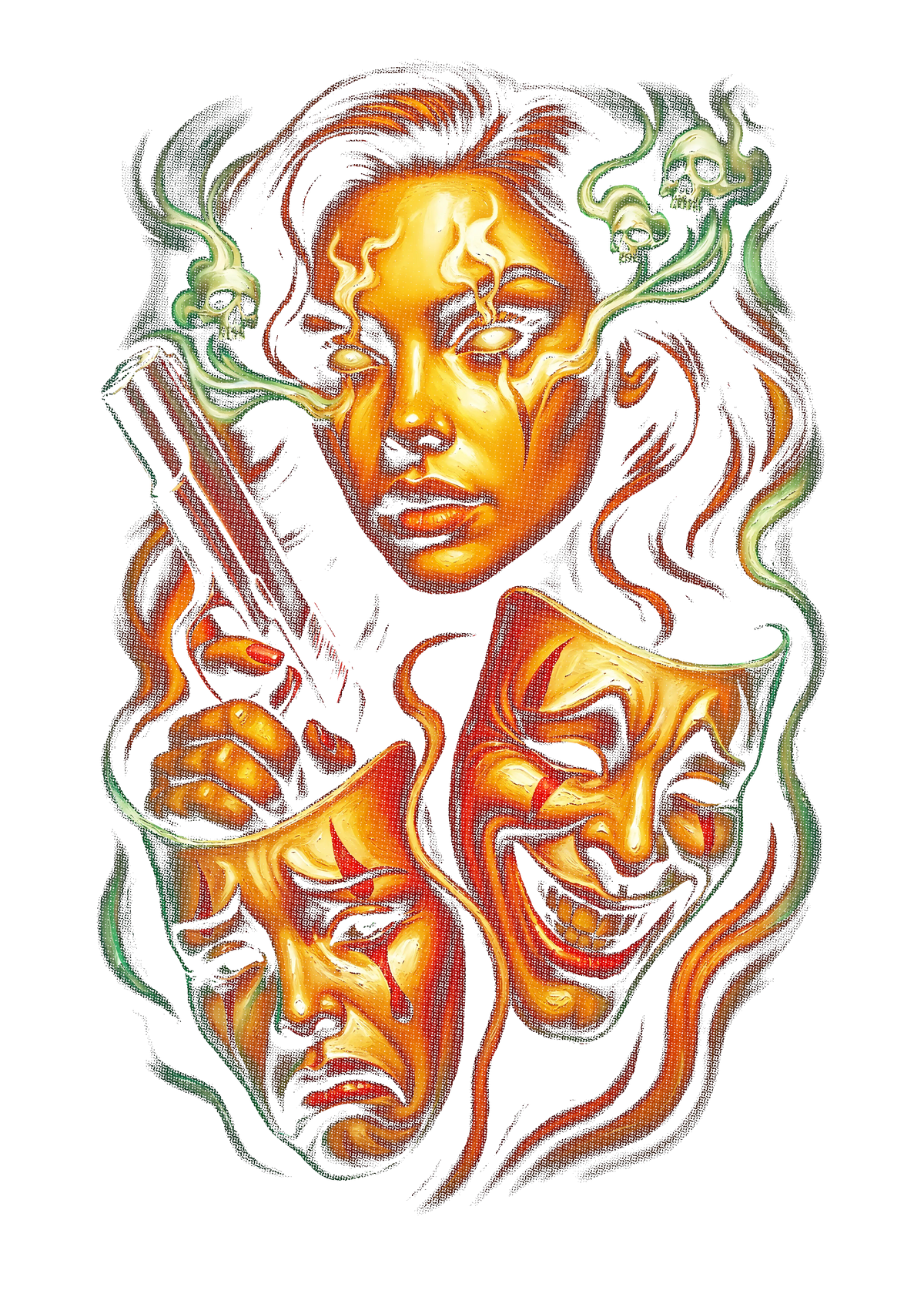 Surreal portrait graphic on the back of a black oversized tee