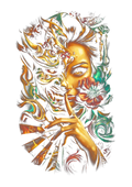 Surreal portrait graphic on the back of a black oversized tee