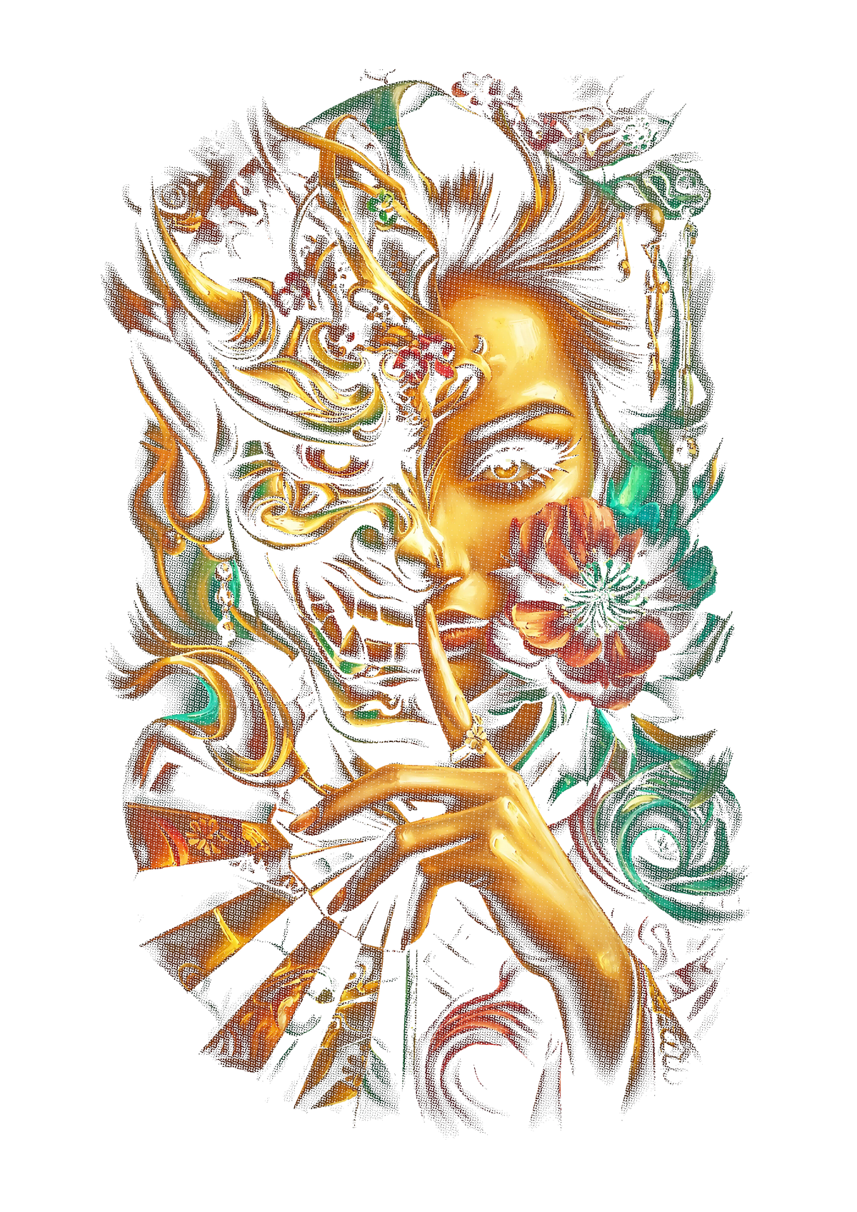 Surreal portrait graphic on the back of a black oversized tee