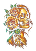 Golden skull with roses graphic on the back of a black oversized tee