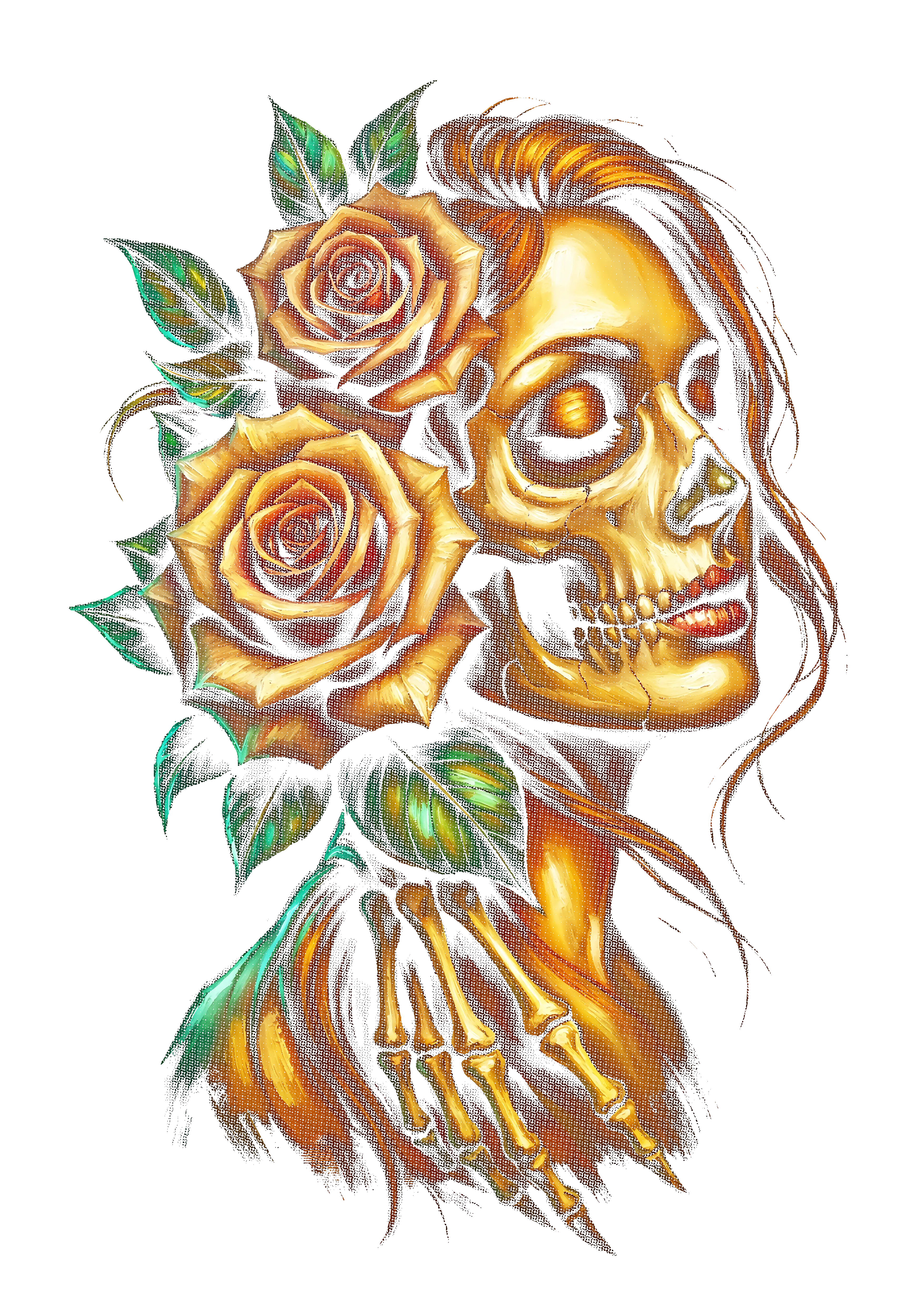 Golden skull with roses graphic on the back of a black oversized tee