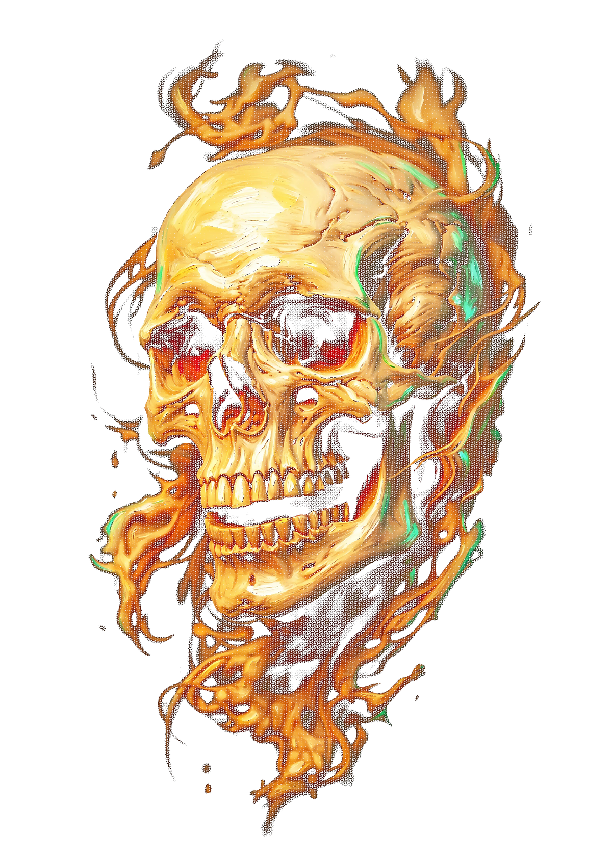 Golden flaming skull graphic on the back of a black oversized tee