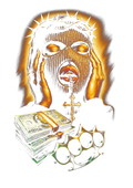 Religious graphic on the back of a black oversized tee
