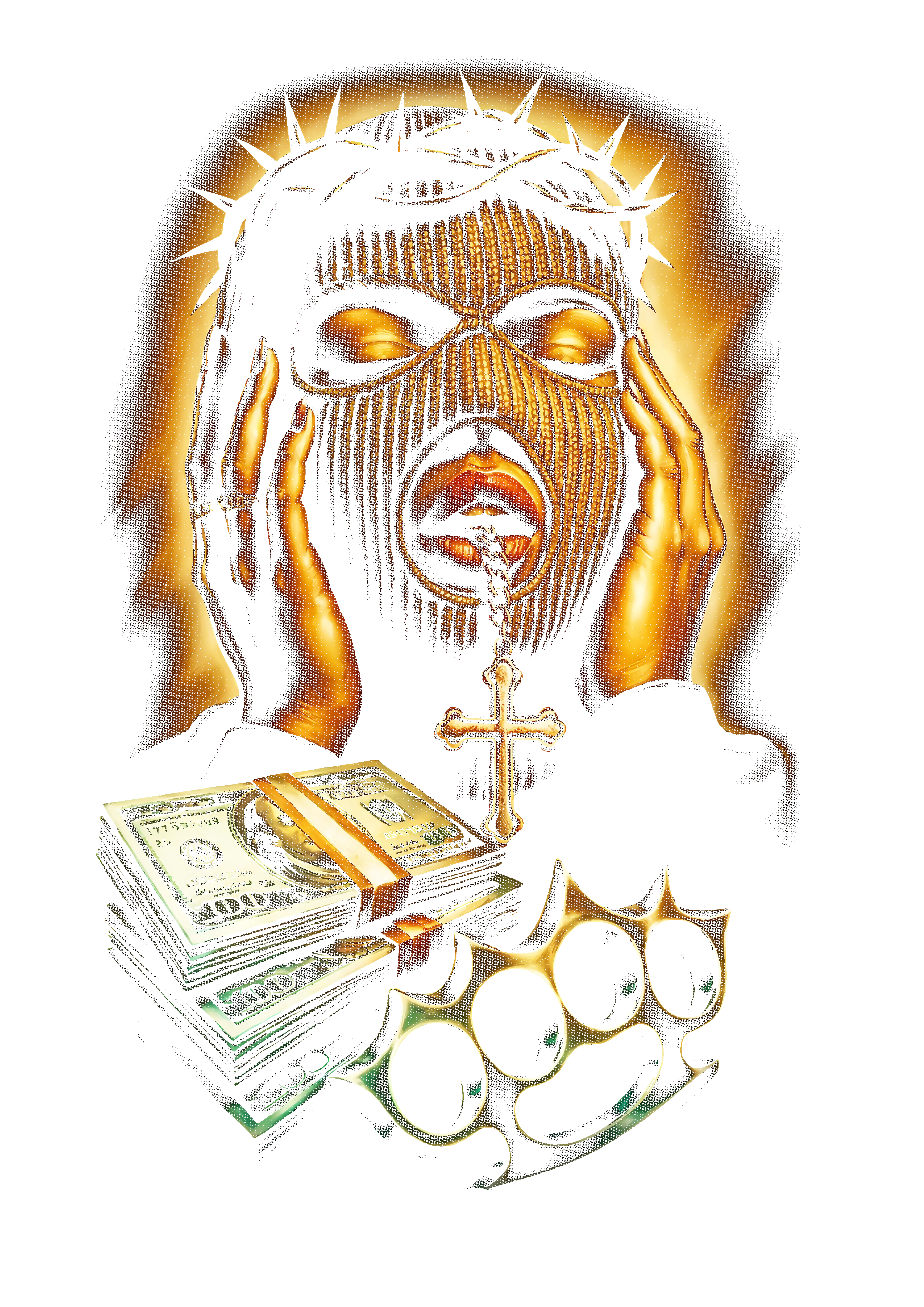 Religious graphic on the back of a black oversized tee