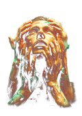 Surreal portrait graphic on the back of a black oversized tee