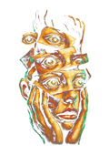 Surreal portrait graphic on the back of a black oversized tee