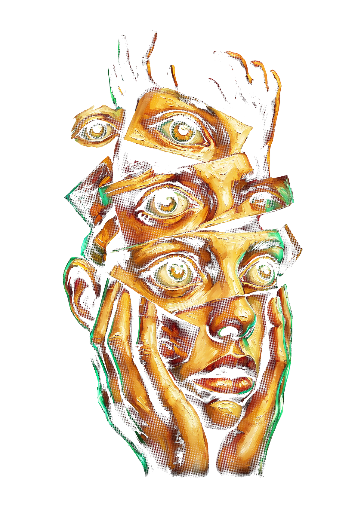 Surreal portrait graphic on the back of a black oversized tee