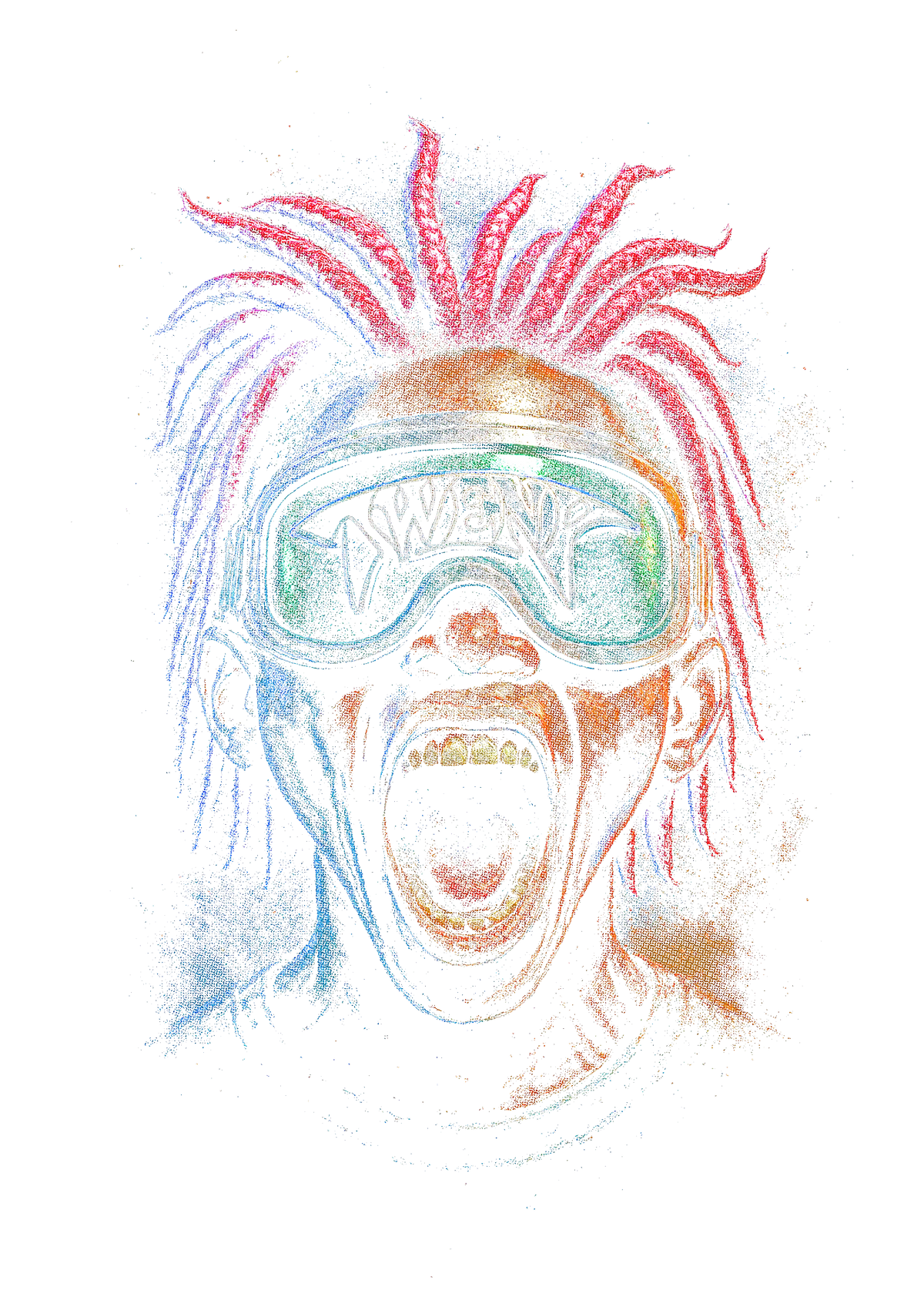 Surreal portrait graphic on the back of a black oversized tee