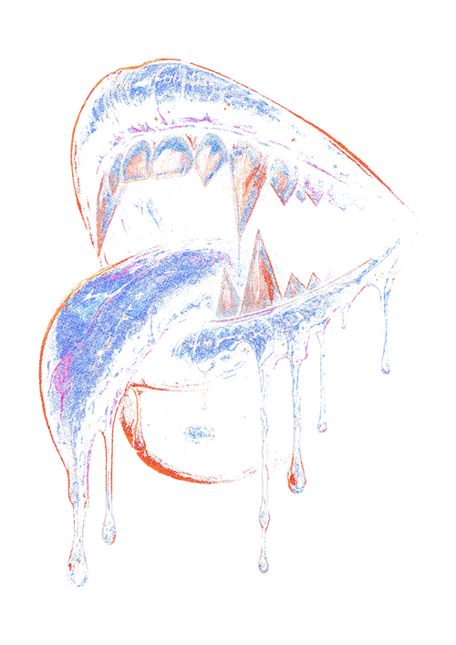 Cosmic Fangs dark and gothic graphic printed on the back of a black oversized T-shirt