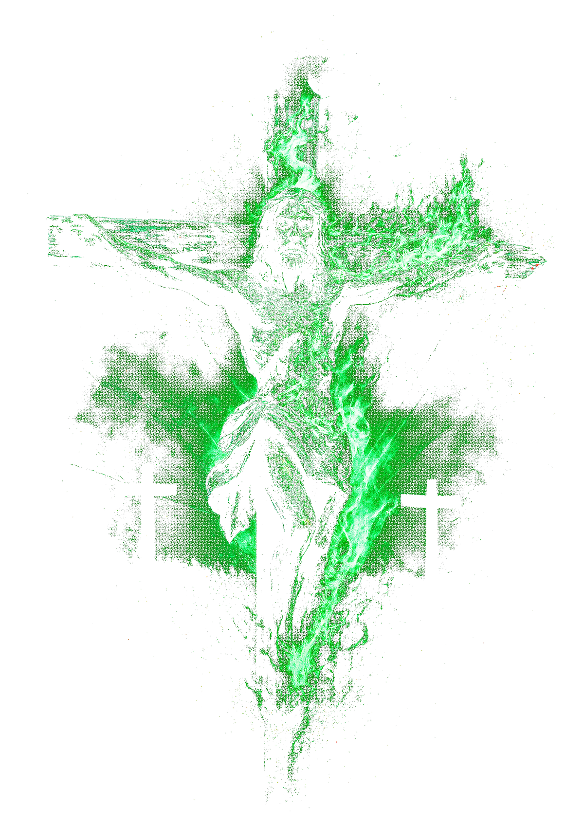 Religious graphic on the back of a black oversized tee